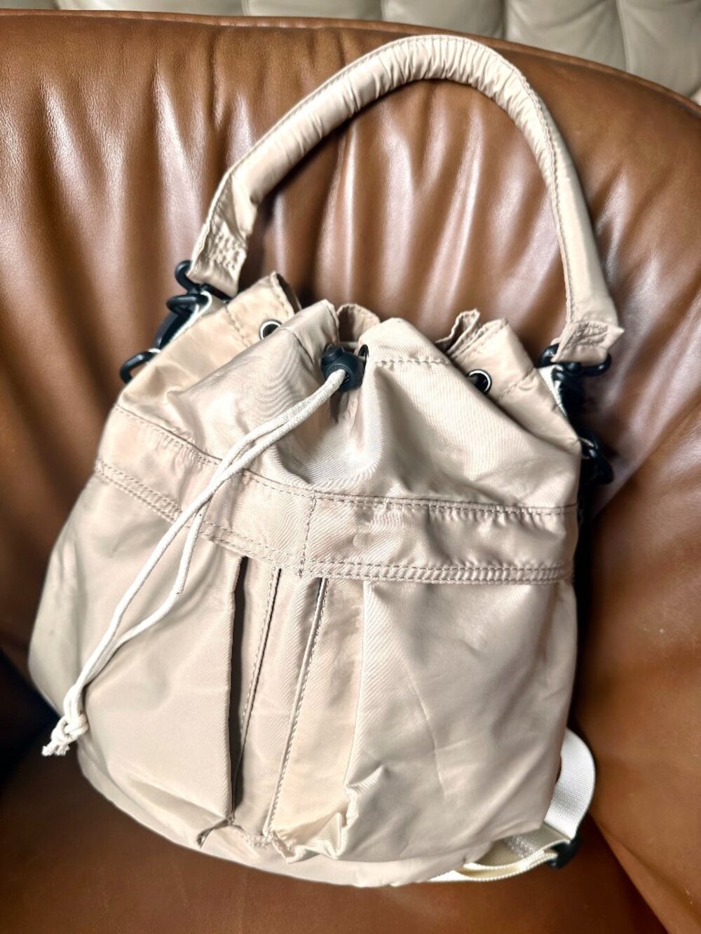 Apricot Beige Nylon Shoulder Bag Crossbody  Bucket-Style Tote Bag.
